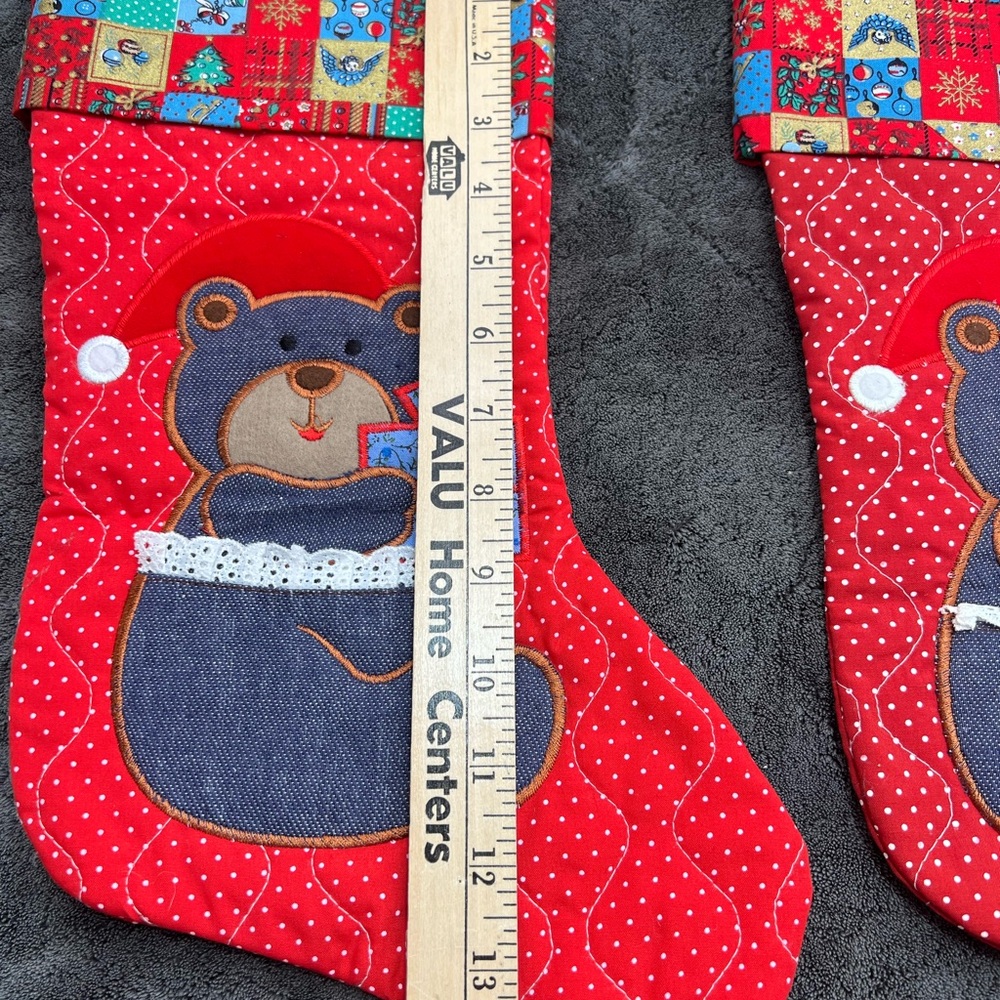 2 Vintage Avon Teddy Bear Christmas Stockings Denim Quilted Patchwork Red Blue